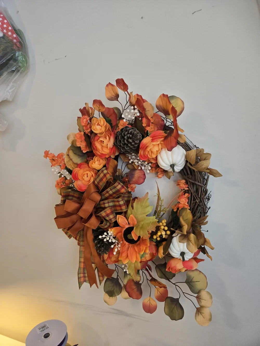 Rust & Orange Autumn Wreath with Plaid Bow